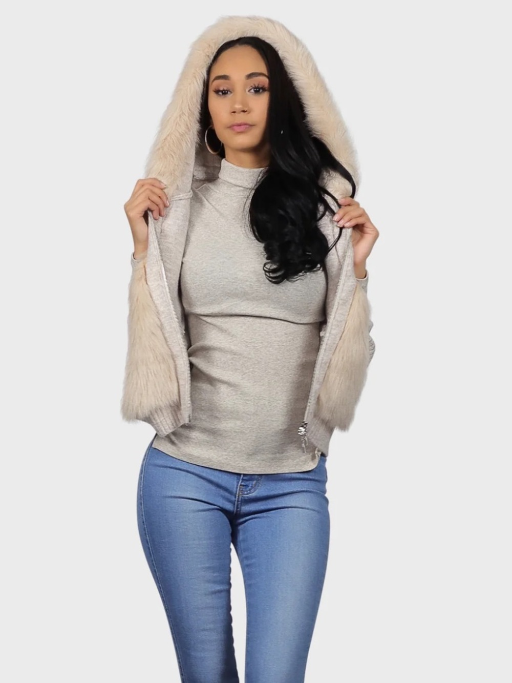 Fur Knit Zip Up  Sweater Dolman Sleeves With Pockets